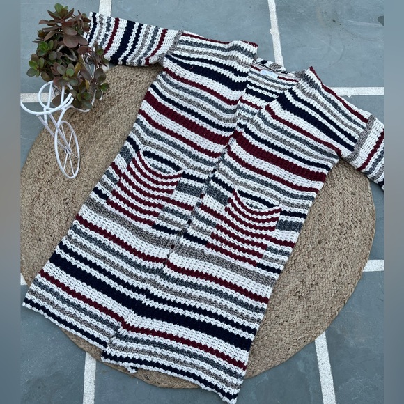 White Red Blue Korean Striped Knit Shrug, Long Shrug - Picture 6 of 12